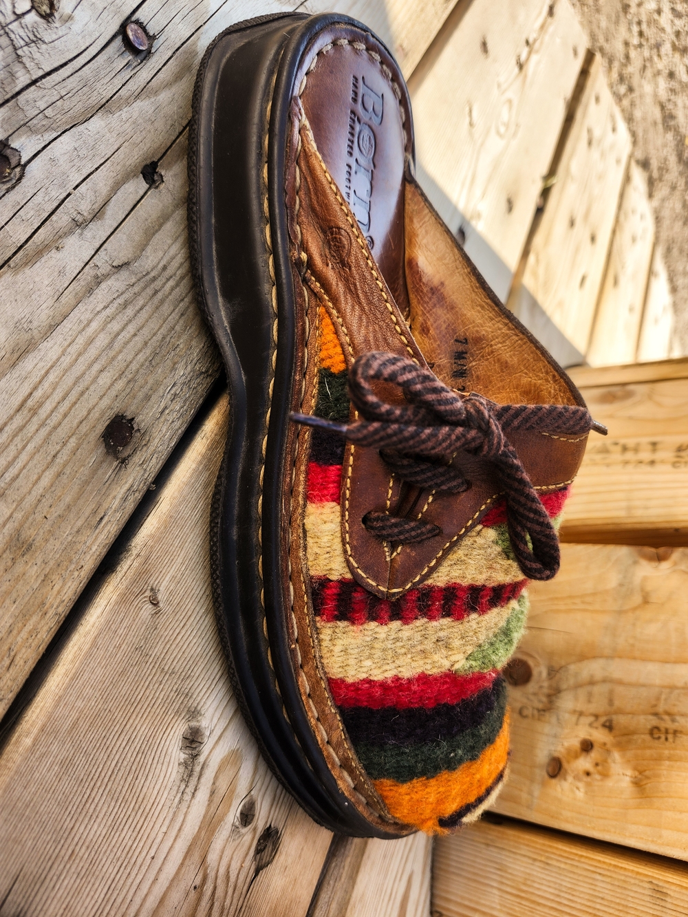 Born Handmade Leather Wool Blanket Mules Clogs Women's Size 7 Boho Artisan - Picture 7 of 9